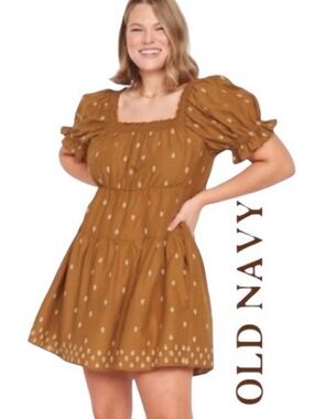 4X Old Navy Puff-Sleeve Tiered Smocked Mini Swing Dress in Miner’s Gold BNWT